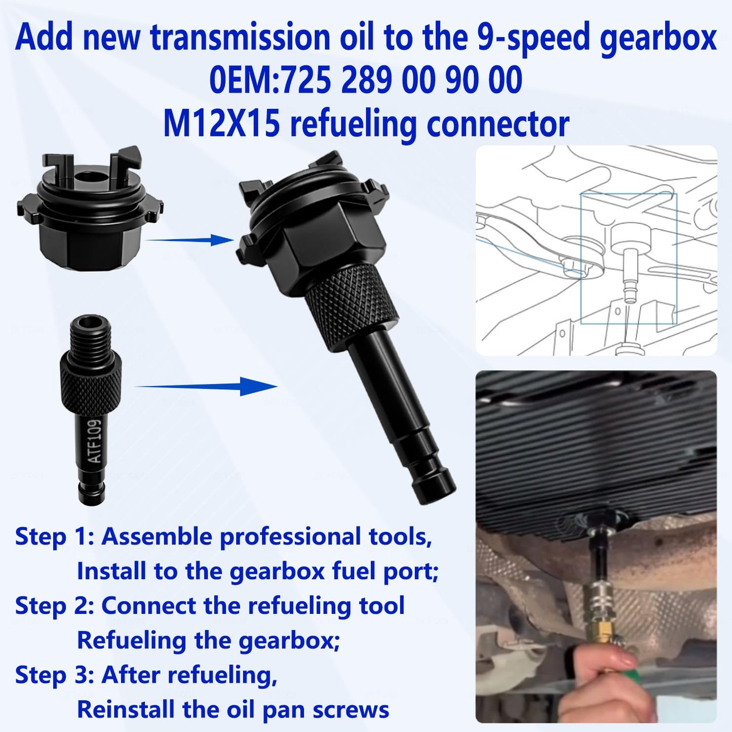 Metal Transmission Oil Filling Tool Set Compatible with Mercedes-Benz 725.0 9G-Tronic 9-Speed Transmission – 4pcs ATF Oil Change Filler Adapter Replaces 725589009000, 725589029000 (ATF109)